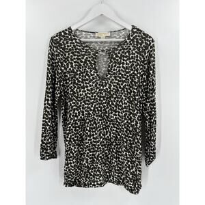 Michael Kors Blouse Womens Small Green Floral Keyhole Neck Long Sleeves Stretchy